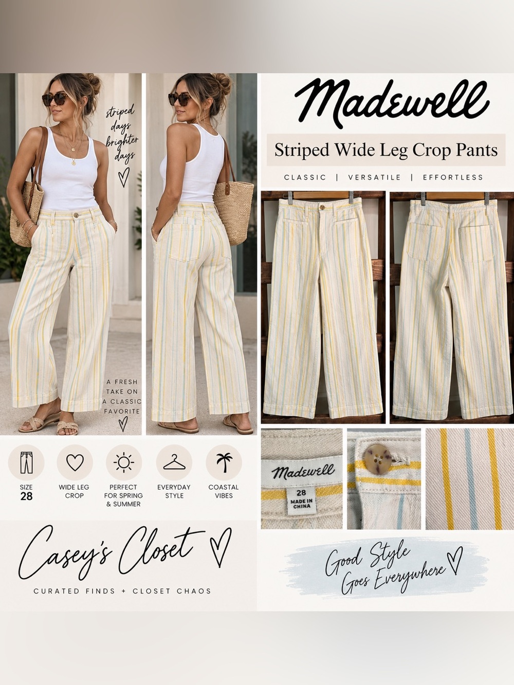 Madewell Striped Wide Leg Crop Pants Size 28 Yellow Blue